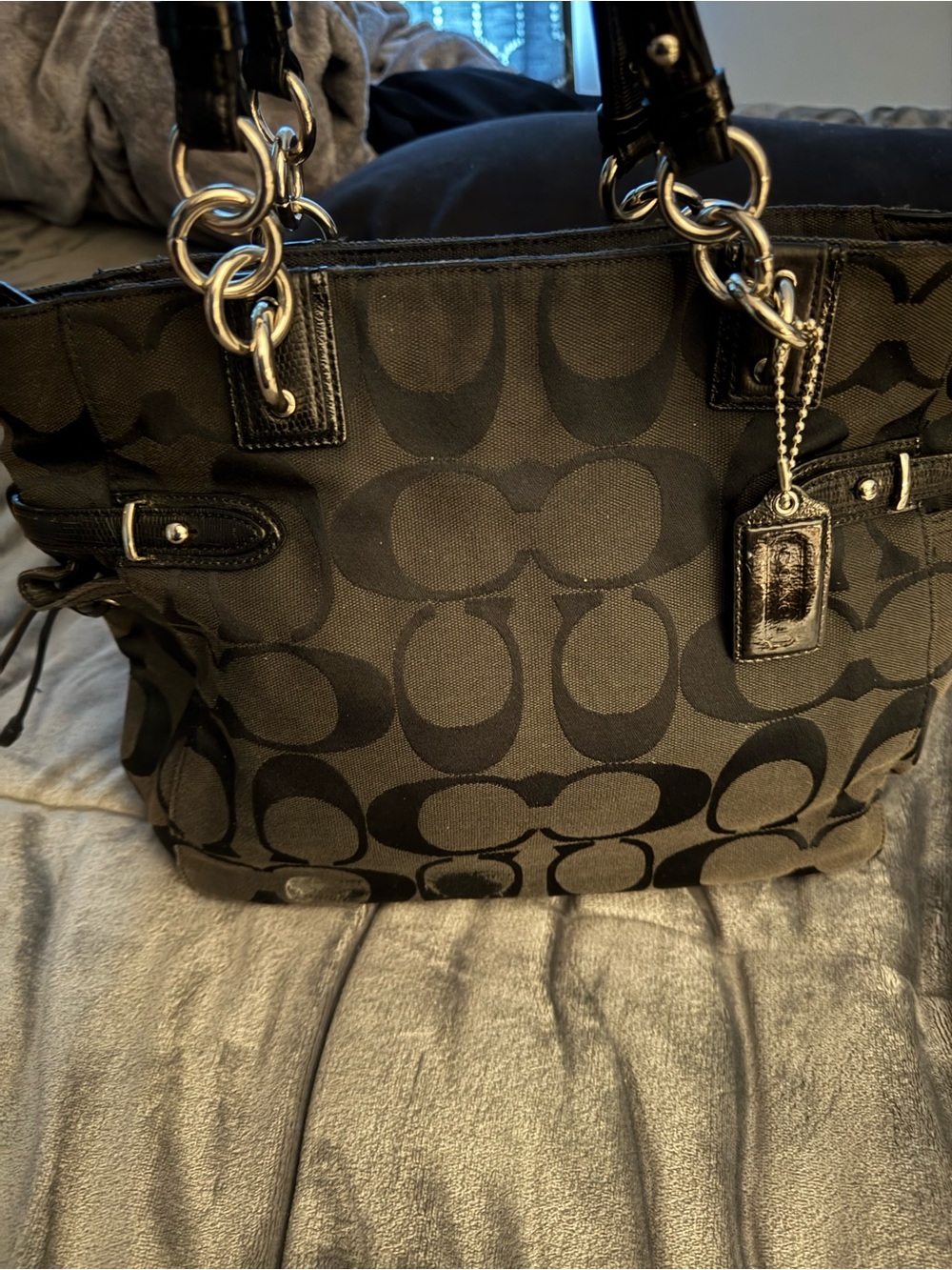 Coach Black Signature Canvas Tote with Silver Hardware